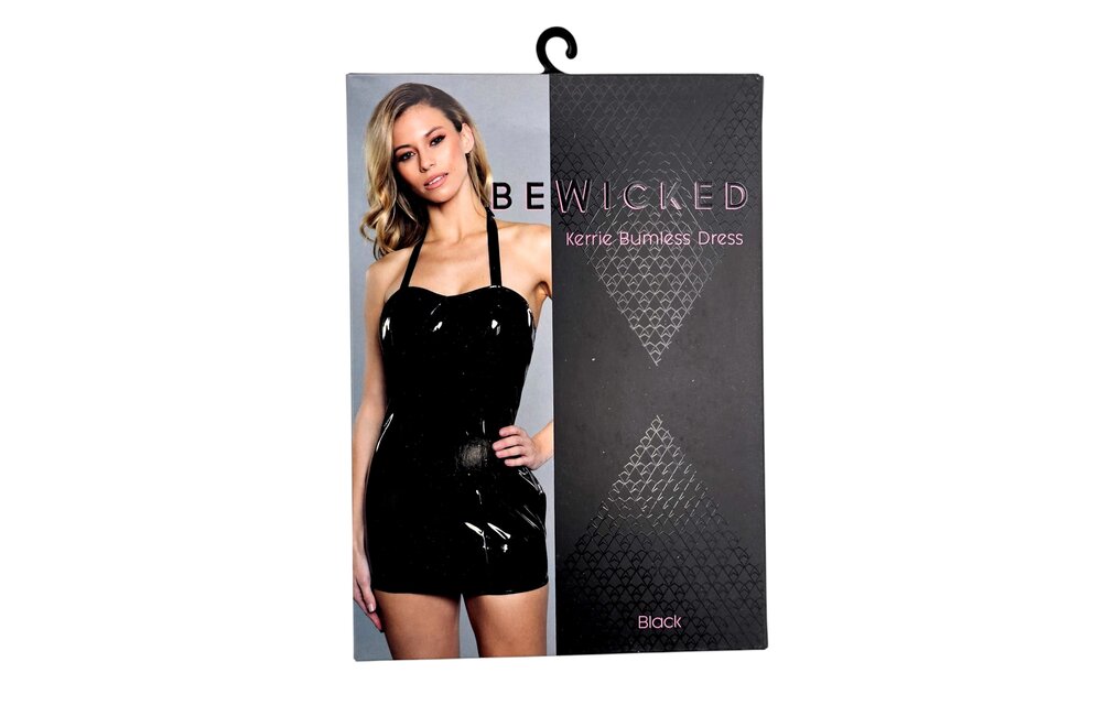 Kerrie Bumless Zwarte Faux Leren Jurk – Open Rug & Halterneck