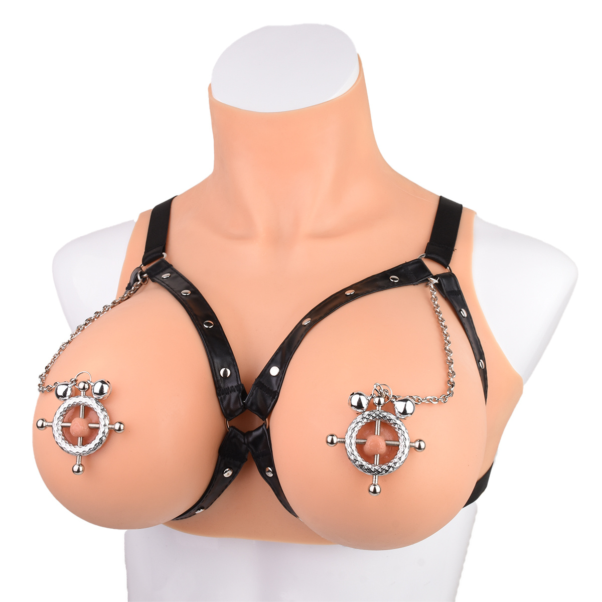 Runde Nippelklemmen mit Glöckchen & PU-Leder-Harness BDSM