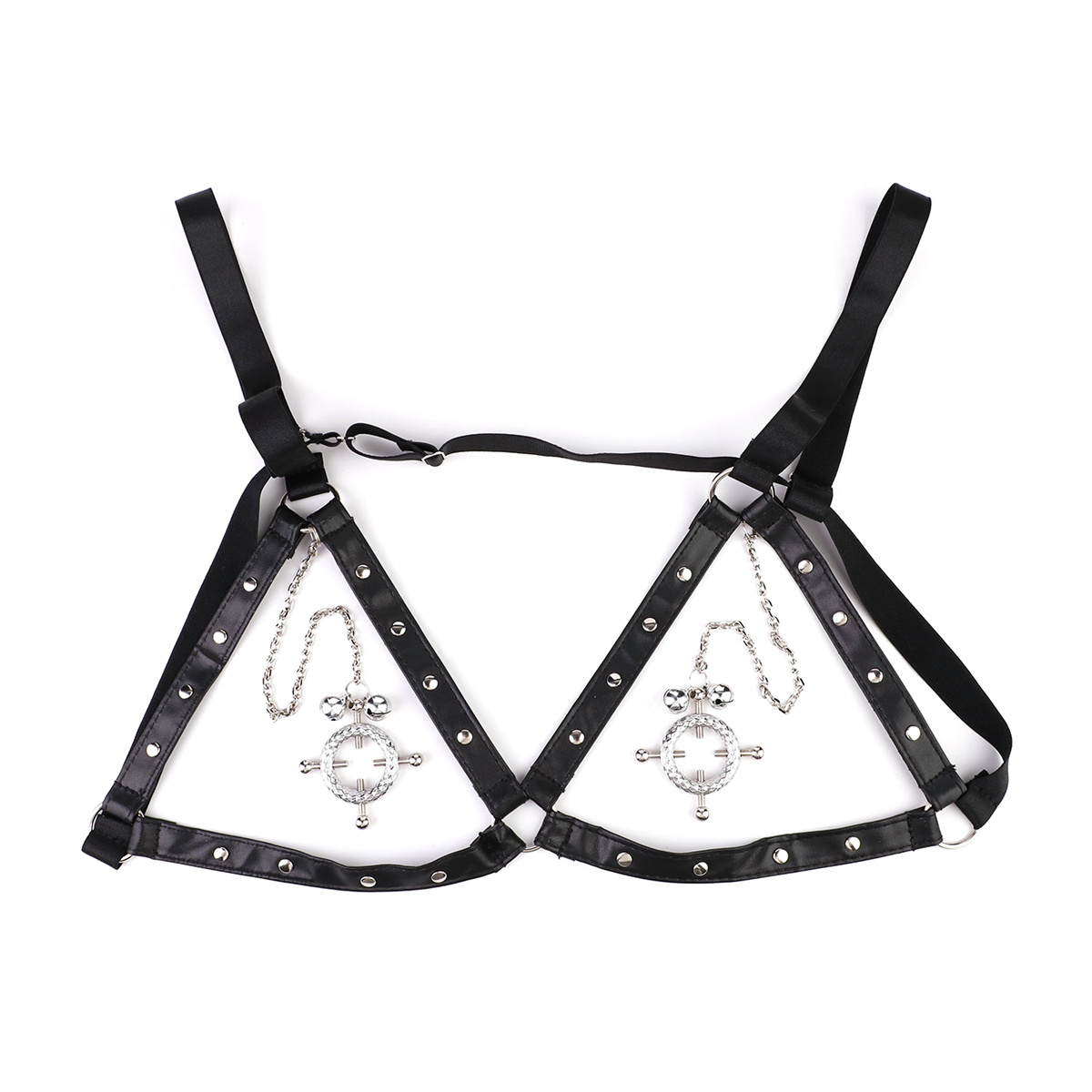 Round Nipple Clamps with Bells & PU Leather Harness BDSM