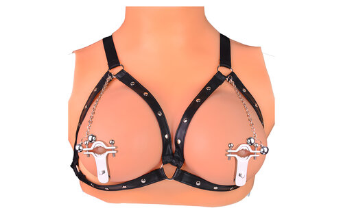 Adjustable Nipple Clamps with Bells & PU Leather Harness