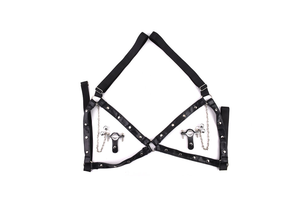 Verstellbare Nippelklemmen mit Glöckchen & PU-Ledergeschirr