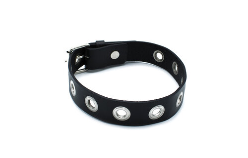 Black Leather Collar With Metal Eyelets - Kiotos Leather