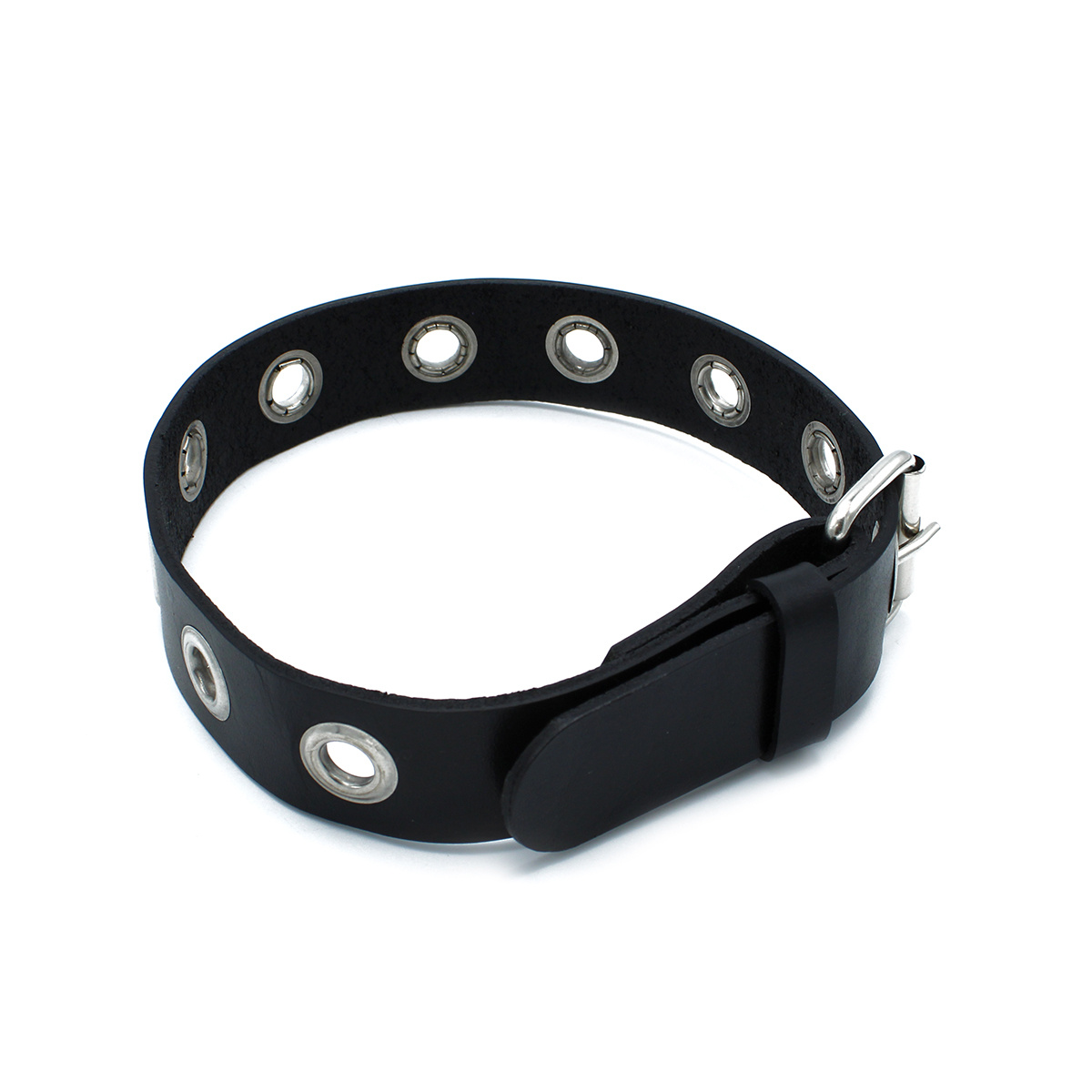 Zwarte Leren Halsband Met Metalen Oogjes - Kiotos Leather