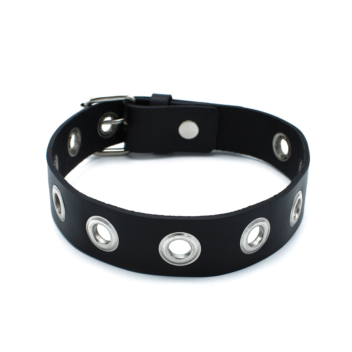 Black Leather Collar With Metal Eyelets - Kiotos Leather