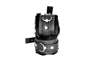 Black Leather Handcuffs With Soft Fluffy Comfort - Kiotos