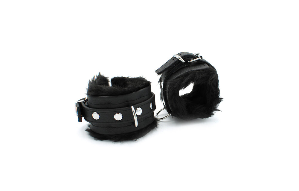 Black Leather Handcuffs With Soft Fluffy Comfort - Kiotos