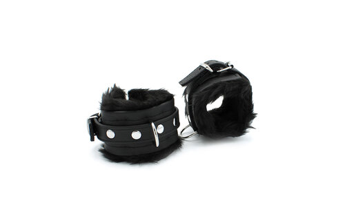 Black Leather Handcuffs With Soft Fluffy Comfort - Kiotos