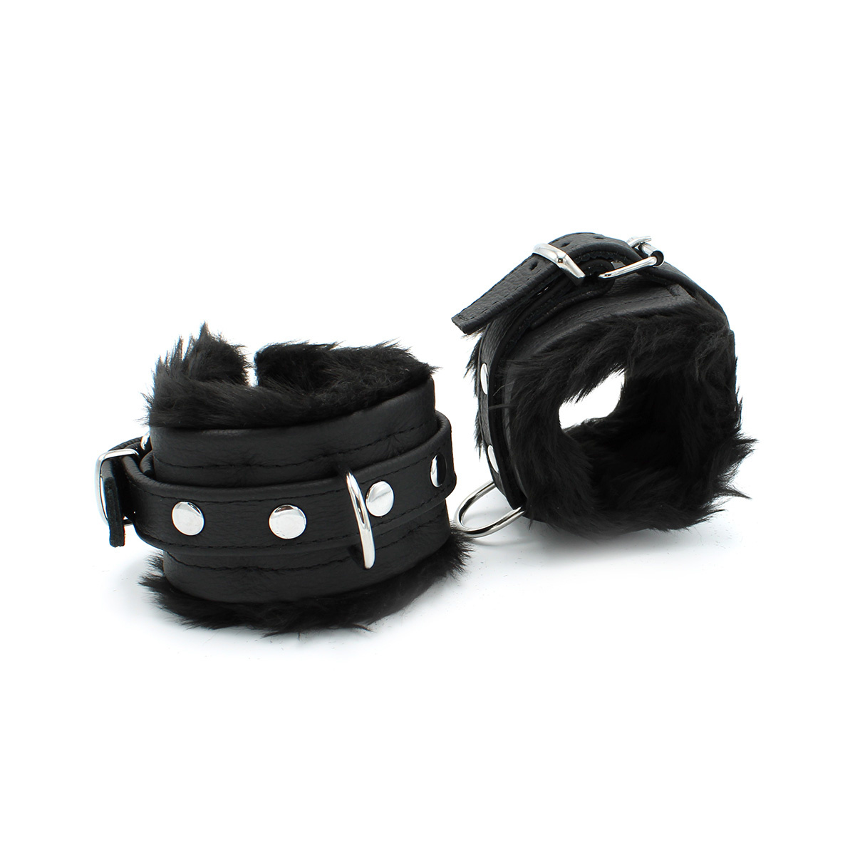 Black Leather Handcuffs With Soft Fluffy Comfort - Kiotos