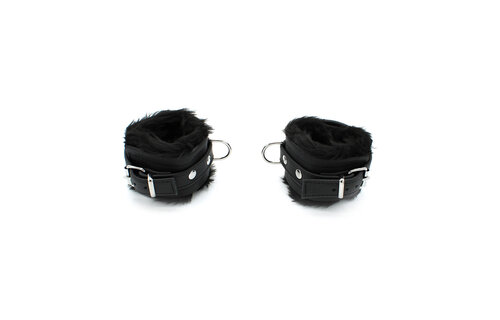 Black Leather Handcuffs With Soft Fluffy Comfort - Kiotos