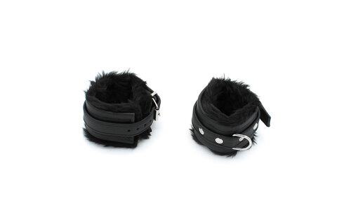 Black Leather Handcuffs With Soft Fluffy Comfort - Kiotos