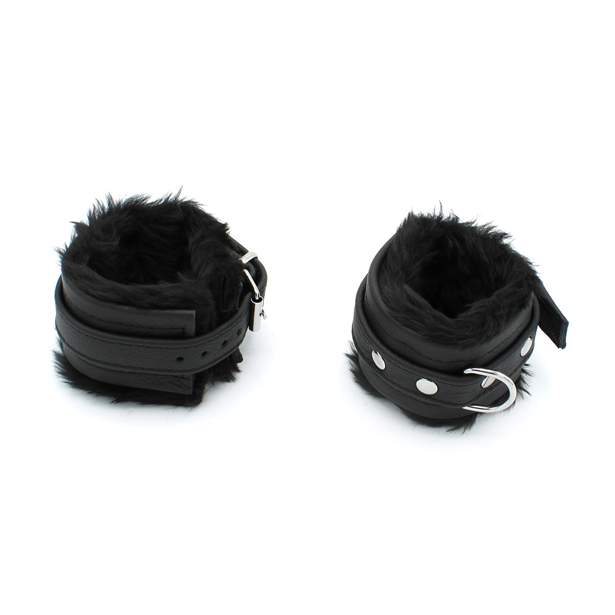 Black Leather Handcuffs With Soft Fluffy Comfort - Kiotos