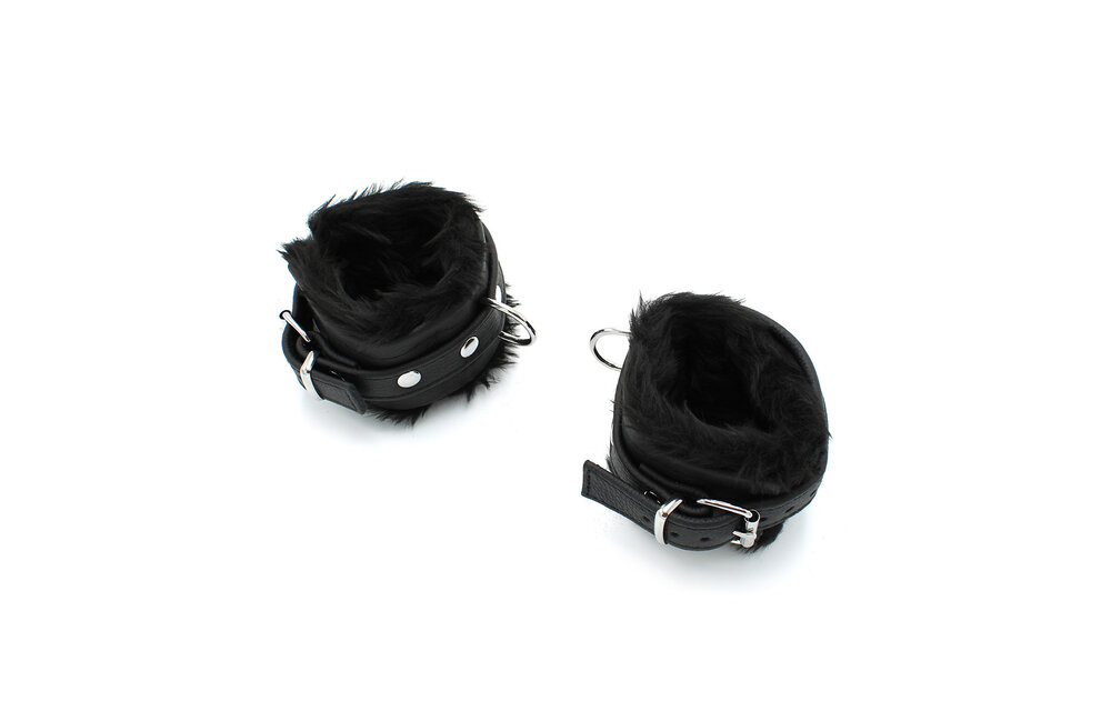 Black Leather Handcuffs With Soft Fluffy Comfort - Kiotos