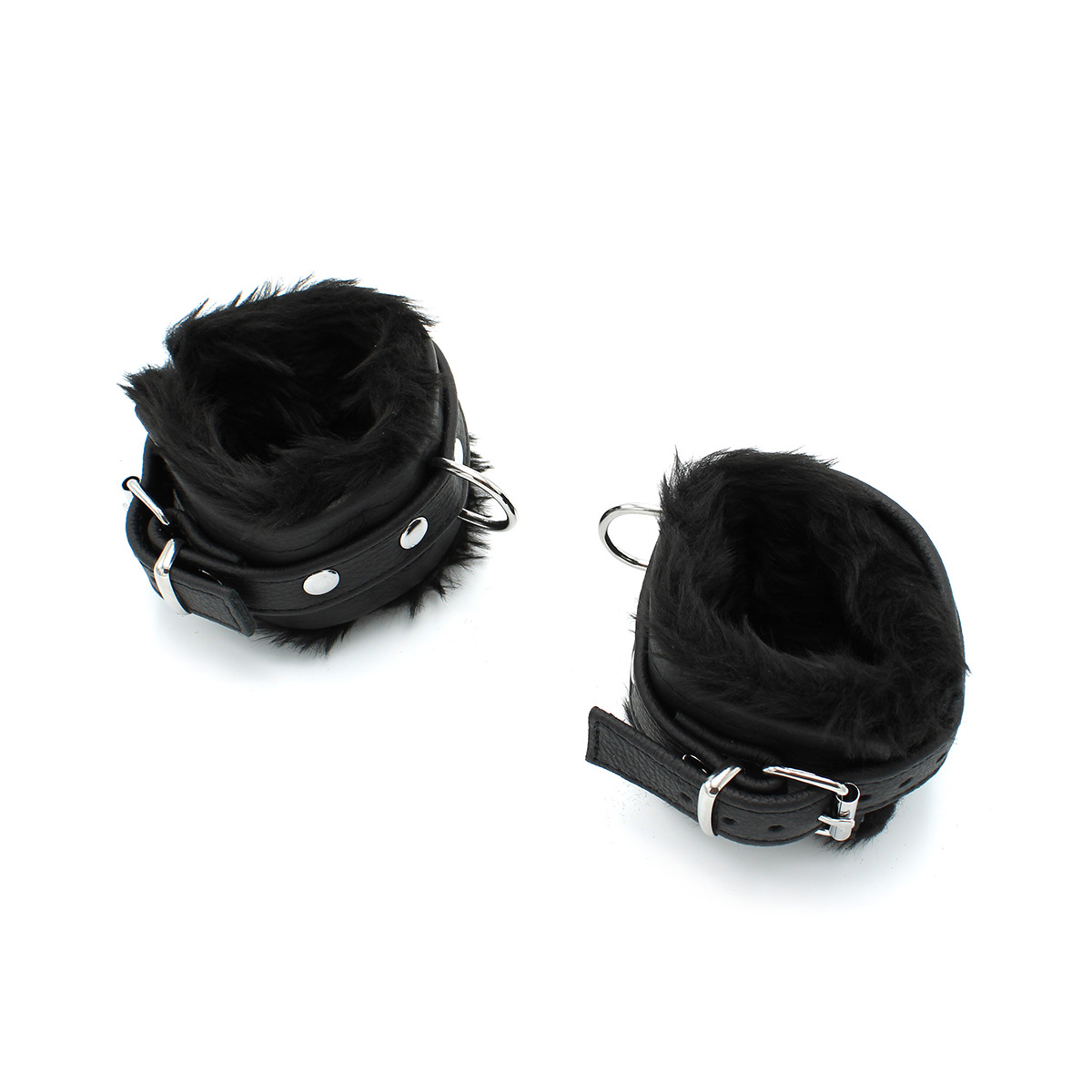 Black Leather Handcuffs With Soft Fluffy Comfort - Kiotos