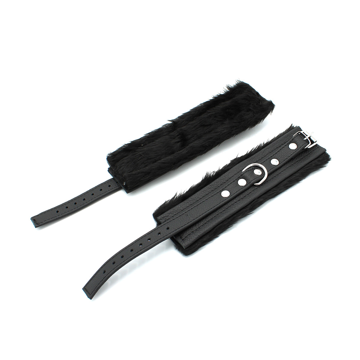 Black Leather Handcuffs With Soft Fluffy Comfort - Kiotos