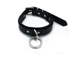 Black Leather Collar with Large O-Ring – Adjustable & Sturdy