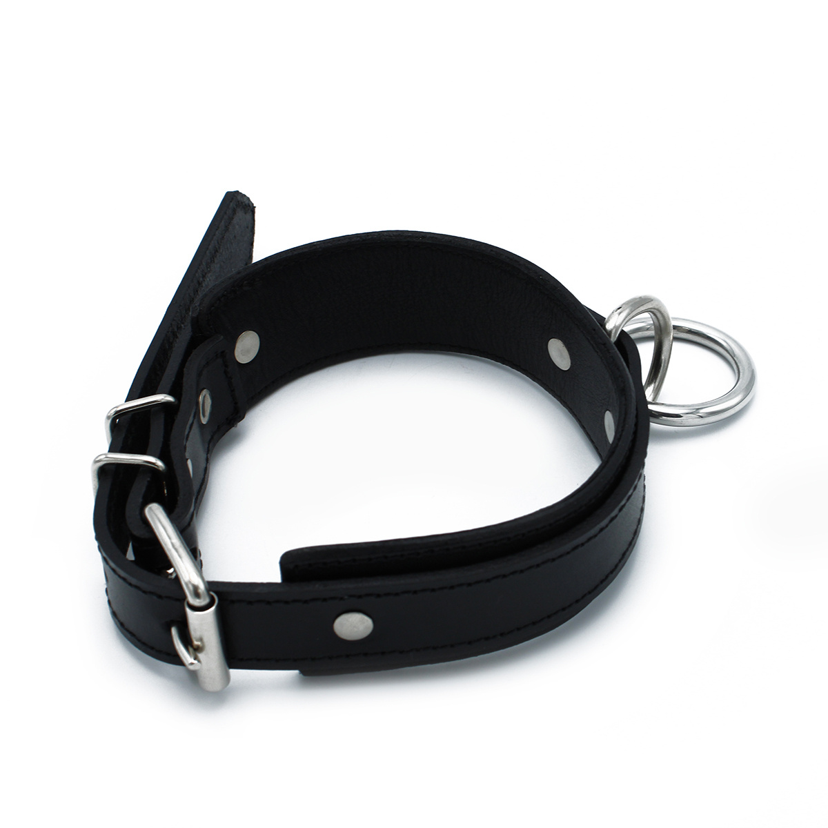 Black Leather Collar with Large O-Ring – Adjustable & Sturdy