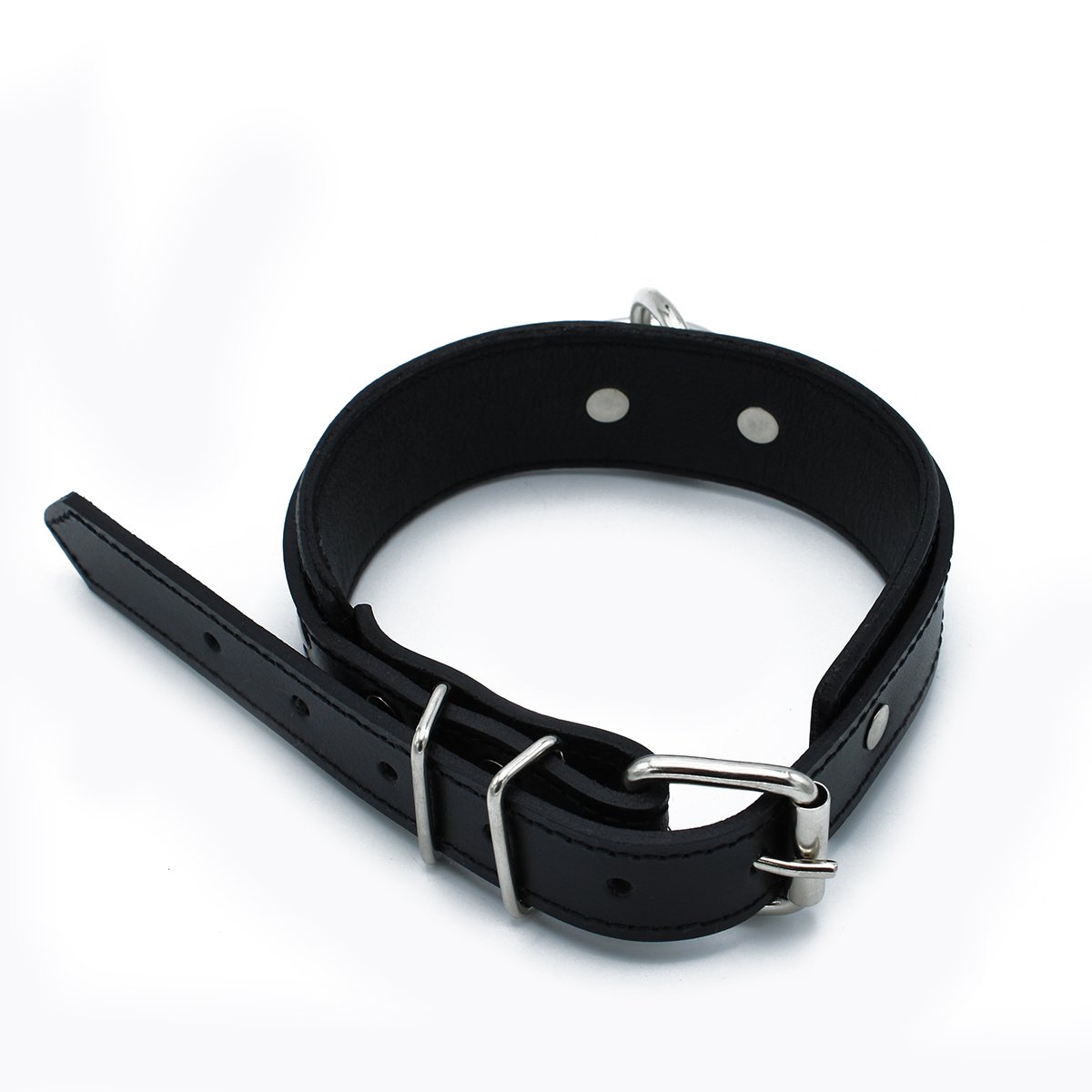 Black Leather Collar with Large O-Ring – Adjustable & Sturdy
