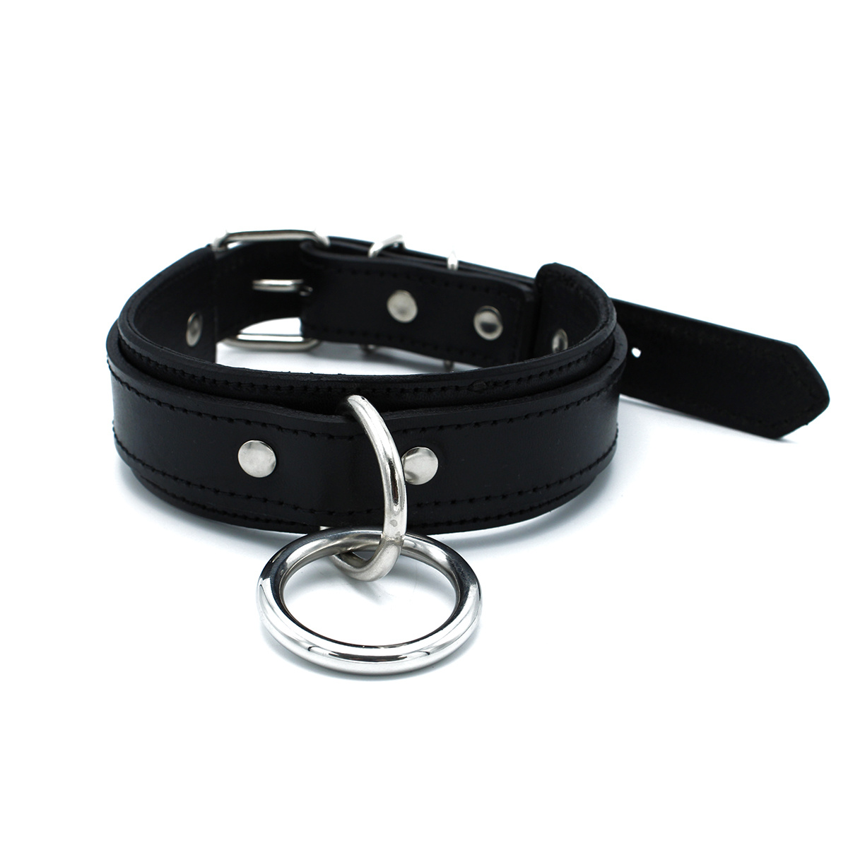 Black Leather Collar with Large O-Ring – Adjustable & Sturdy