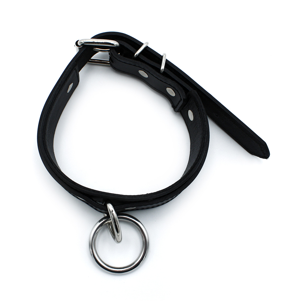 Black Leather Collar with Large O-Ring – Adjustable & Sturdy