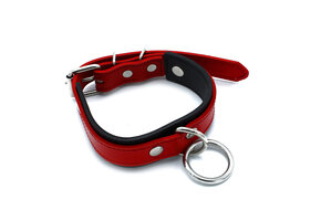 Black and Red Leather Collar with O-Ring | Adjustable and Stylish
