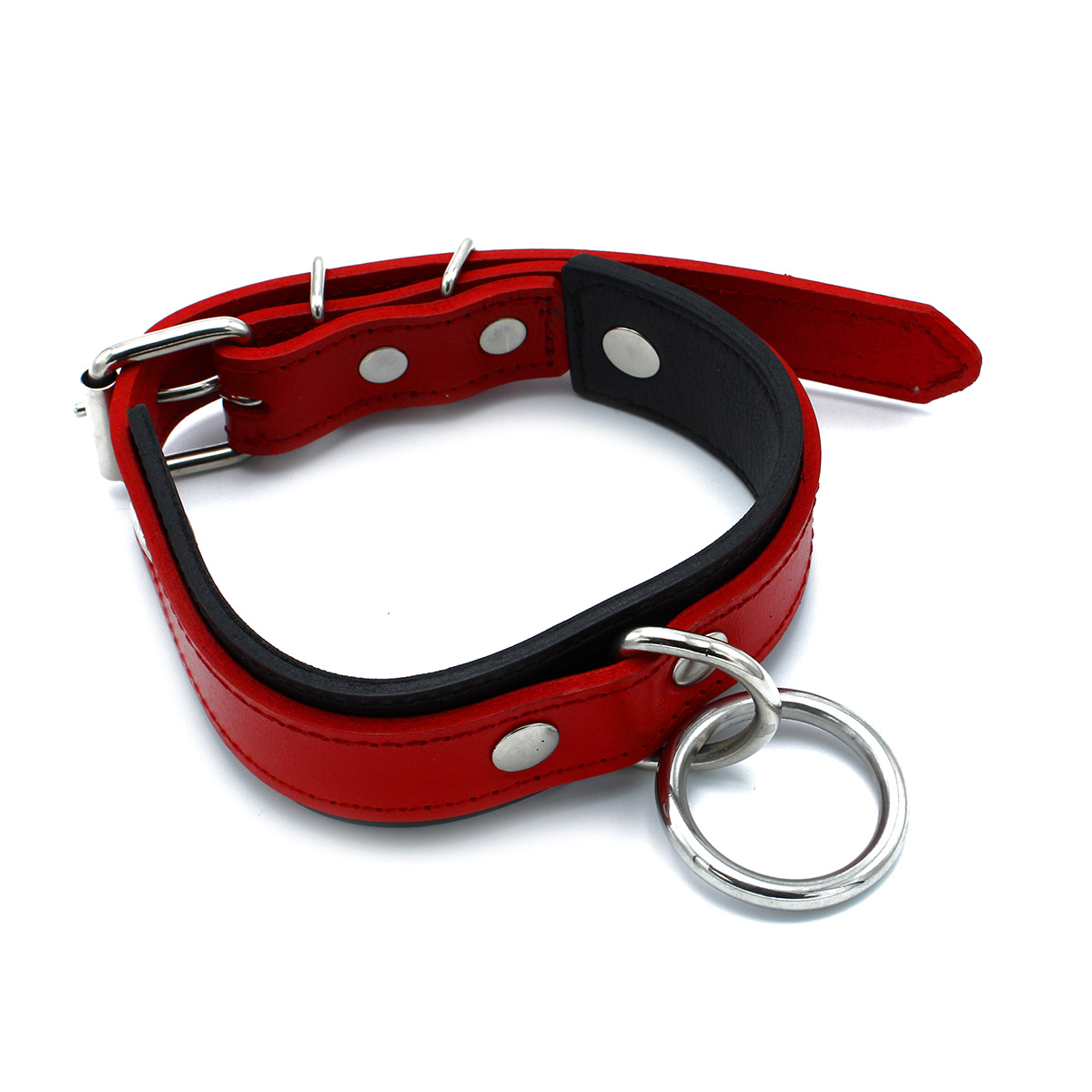 Schwarz-rotes Lederhalsband mit O-Ring | Verstellbar & stilvoll