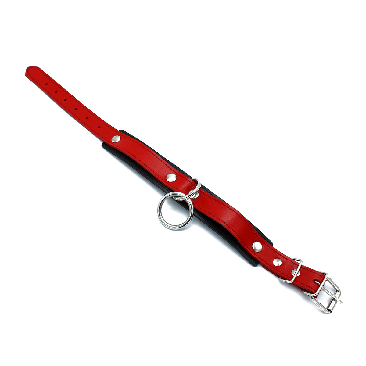 Zwart-Rode Leren Halsband Met O-Ring | Verstelbaar & Stijlvol