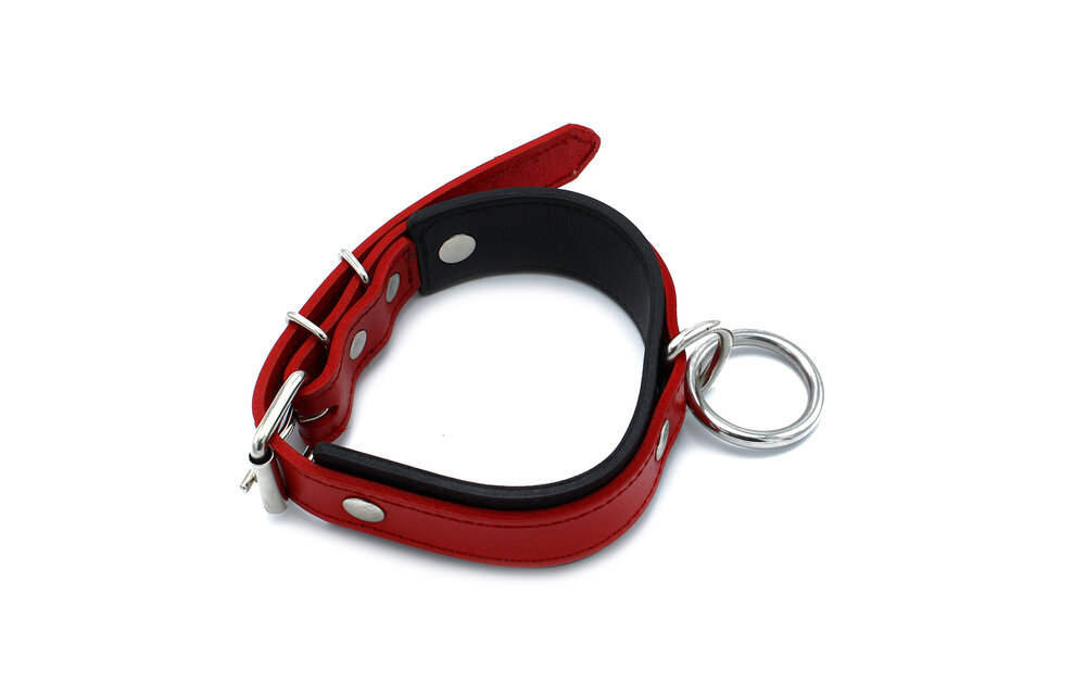 Schwarz-rotes Lederhalsband mit O-Ring | Verstellbar & stilvoll