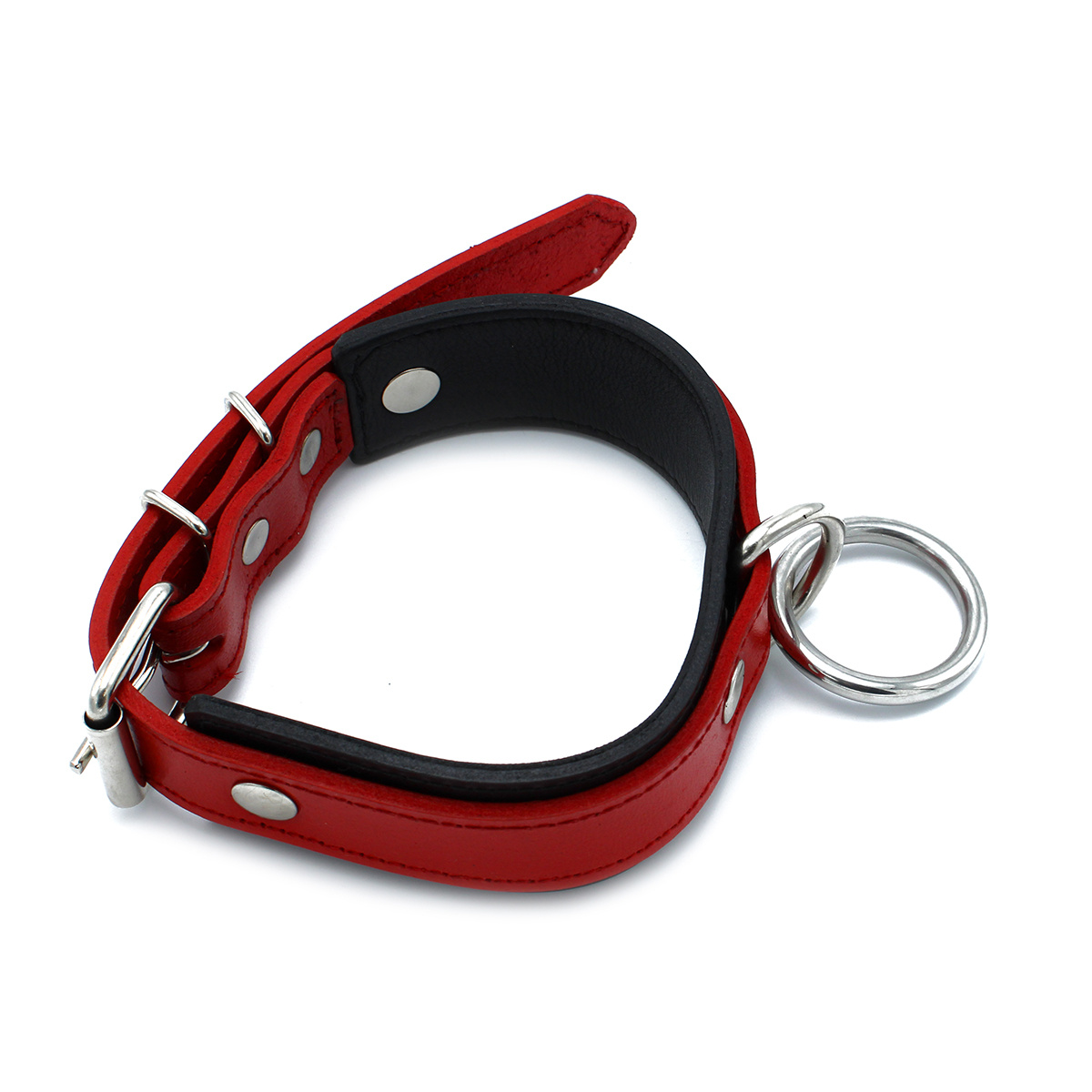 Schwarz-rotes Lederhalsband mit O-Ring | Verstellbar & stilvoll