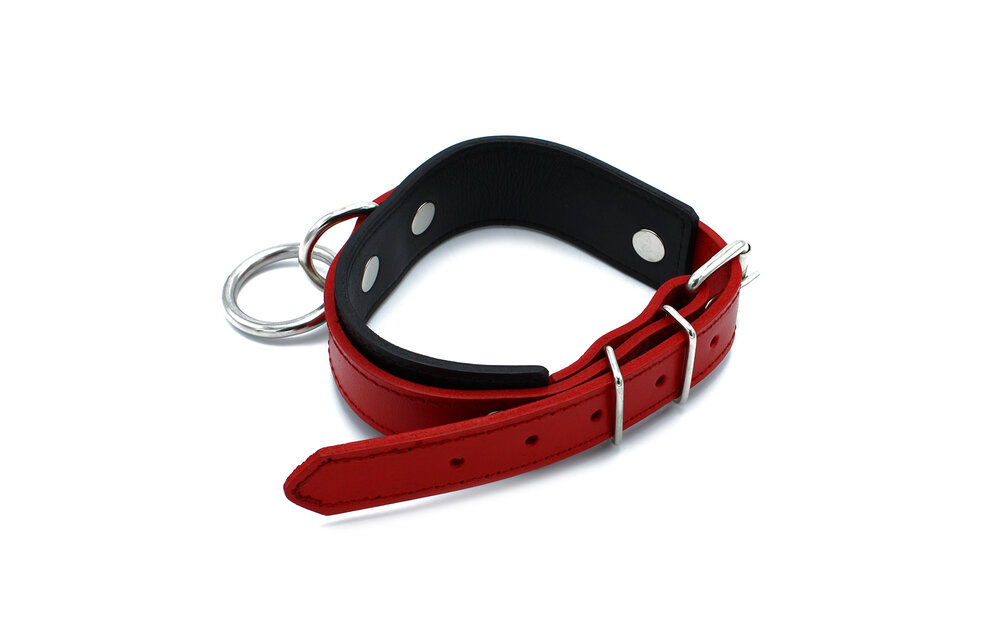 Black and Red Leather Collar with O-Ring | Adjustable and Stylish