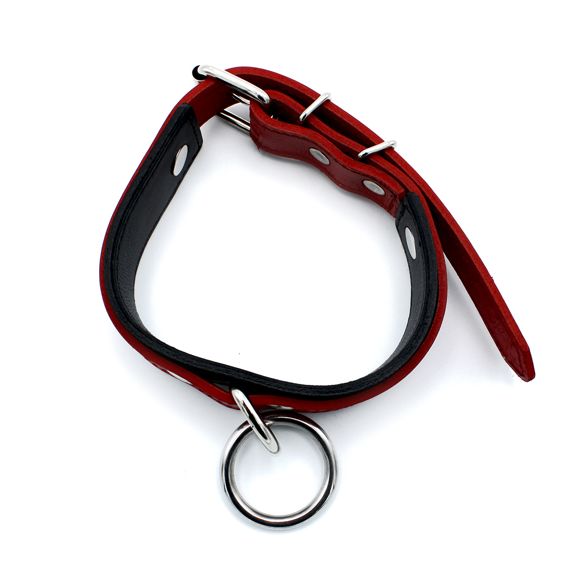 Schwarz-rotes Lederhalsband mit O-Ring | Verstellbar & stilvoll
