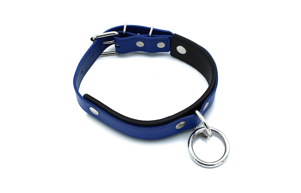 Schwarz-blaues Lederhalsband mit O-Ring | Verstellbar & robust