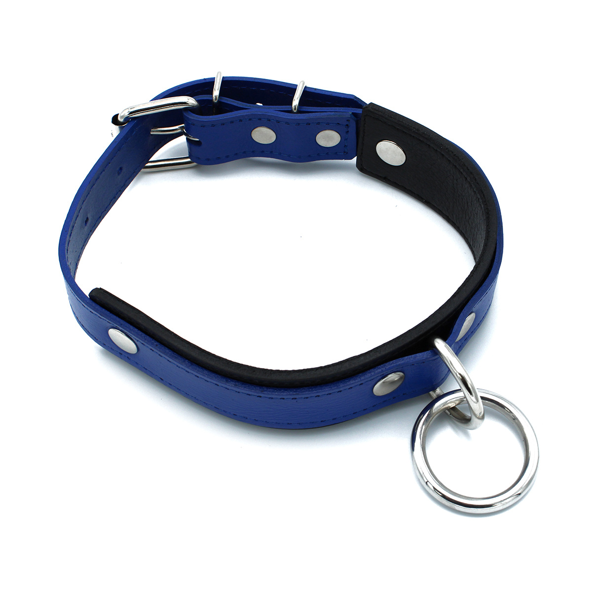 Zwart-Blauwe Leren Halsband Met O-Ring | Verstelbaar & Stoer