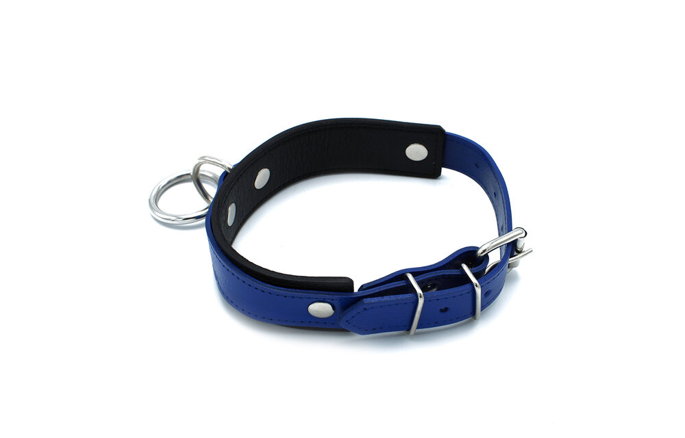 Schwarz-blaues Lederhalsband mit O-Ring | Verstellbar & robust