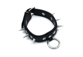 Black Leather Collar with Spikes & O-Ring | Tough & Adjustable
