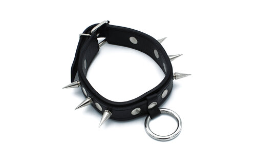 Black Leather Collar with Spikes & O-Ring | Tough & Adjustable