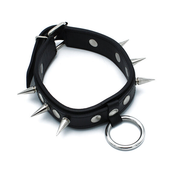Black Leather Collar with Spikes & O-Ring | Tough & Adjustable