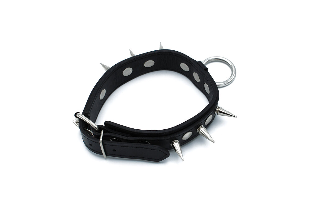 Zwarte Leren Halsband Met Spikes & O-Ring | Stoer & Verstelbaar