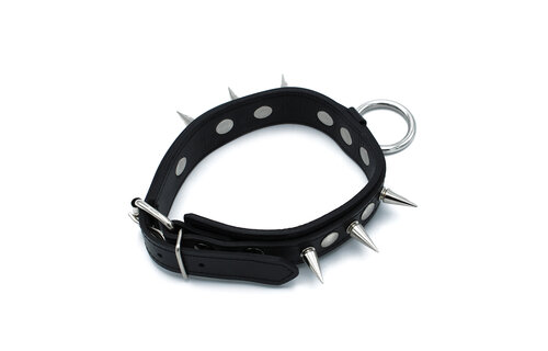 Black Leather Collar with Spikes & O-Ring | Tough & Adjustable