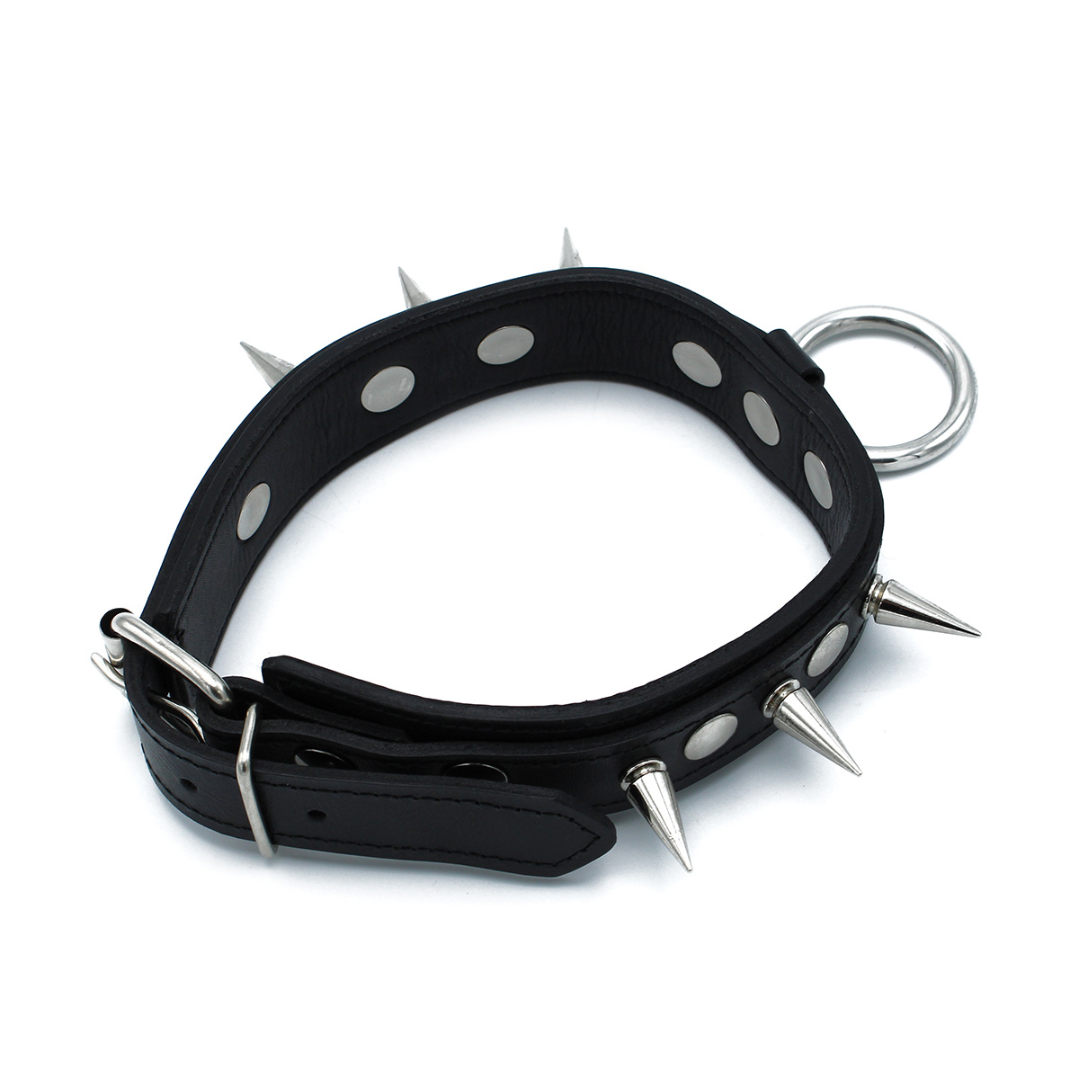 Schwarzes Lederhalsband mit Spikes & O-Ring | Cool & verstellbar