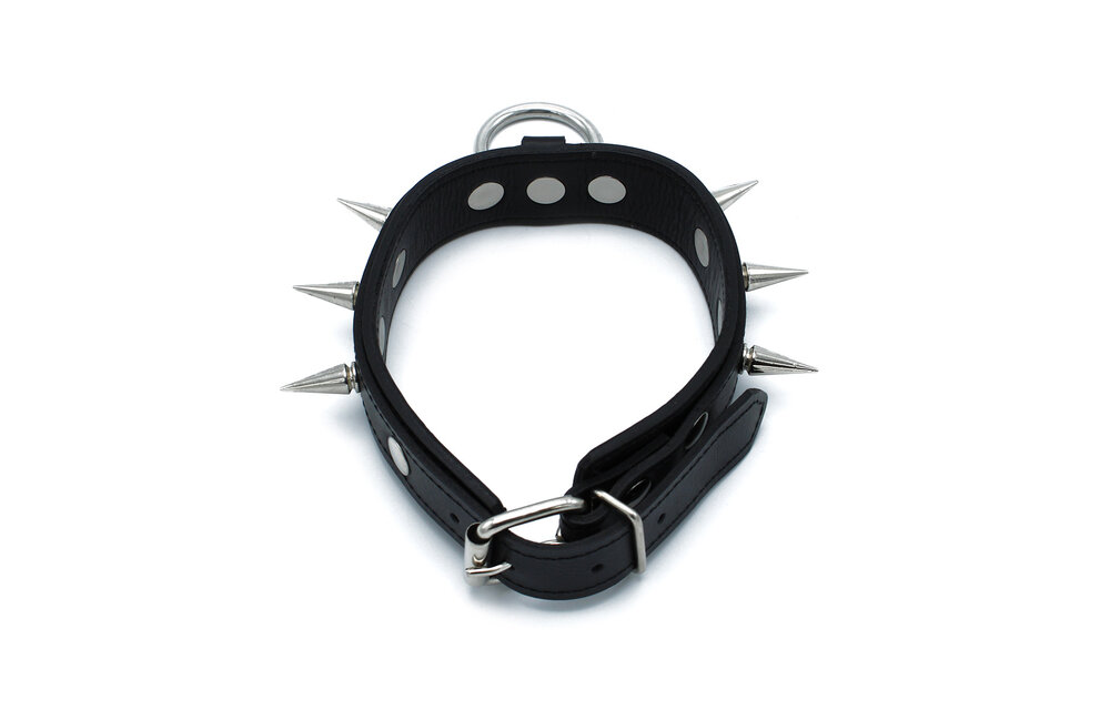 Black Leather Collar with Spikes & O-Ring | Tough & Adjustable