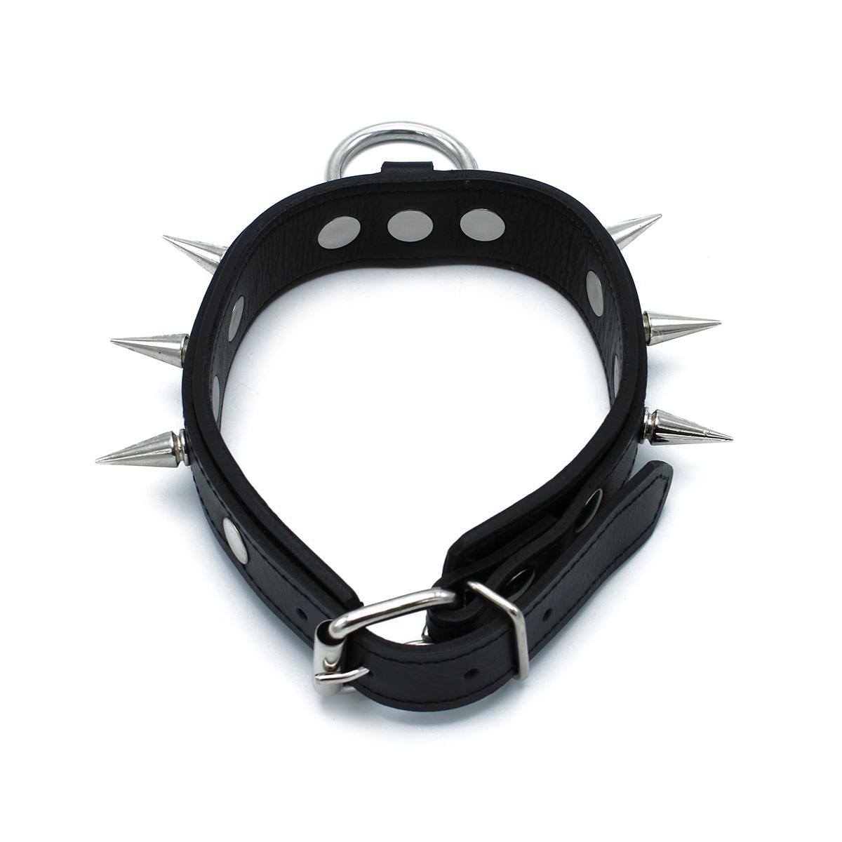 Black Leather Collar with Spikes & O-Ring | Tough & Adjustable