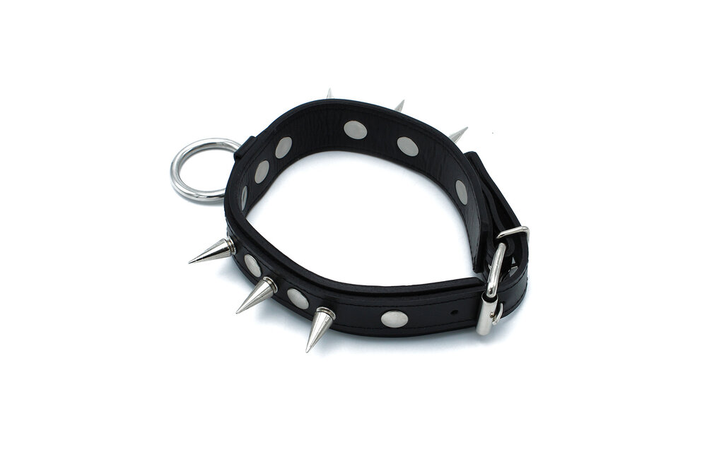 Zwarte Leren Halsband Met Spikes & O-Ring | Stoer & Verstelbaar