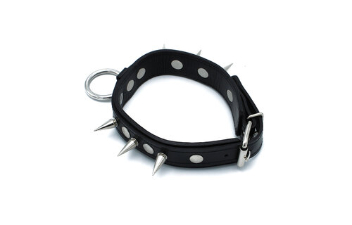 Black Leather Collar with Spikes & O-Ring | Tough & Adjustable