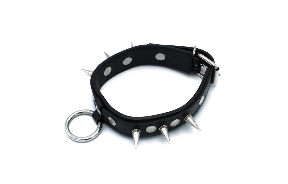 Schwarzes Lederhalsband mit Spikes & O-Ring | Cool & verstellbar