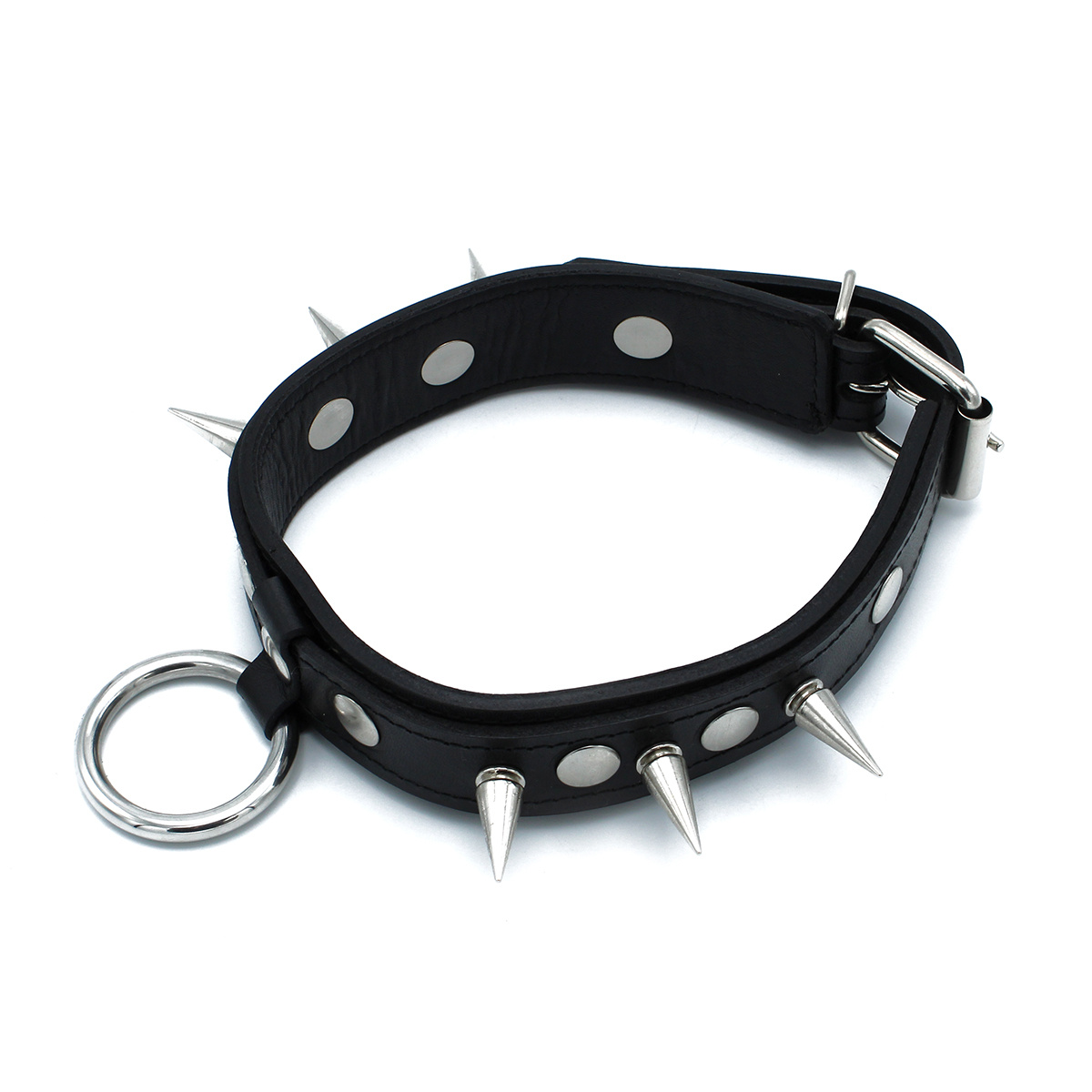 Zwarte Leren Halsband Met Spikes & O-Ring | Stoer & Verstelbaar