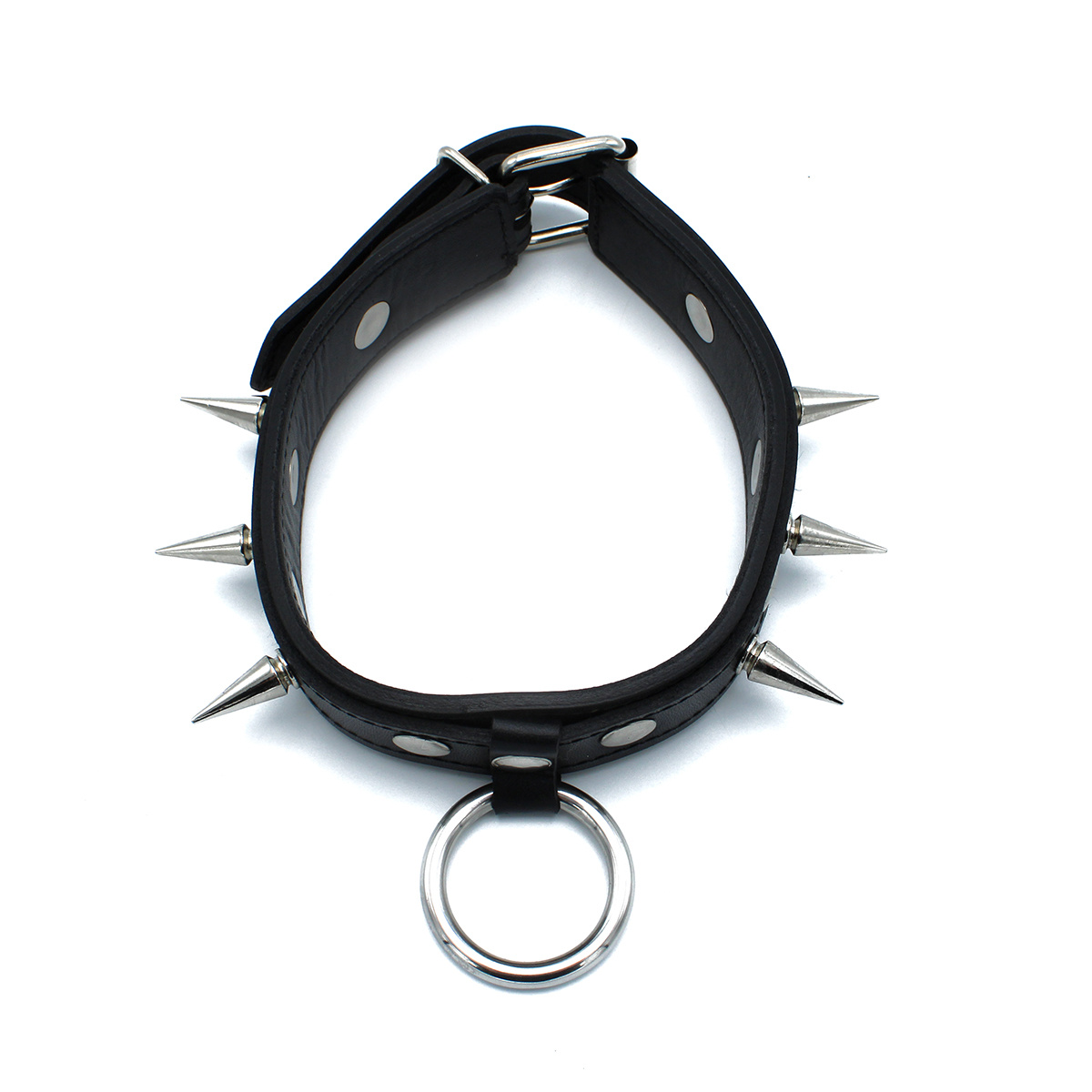Zwarte Leren Halsband Met Spikes & O-Ring | Stoer & Verstelbaar
