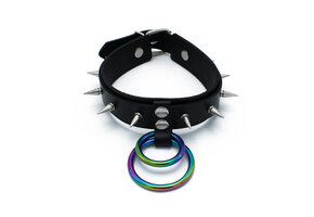 Black Leather Collar with Spikes & Rainbow O-Rings | Kiotos