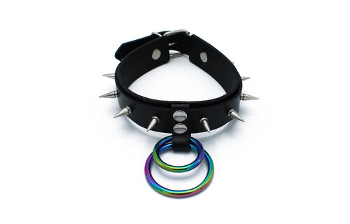 Black Leather Collar with Spikes & Rainbow O-Rings | Kiotos