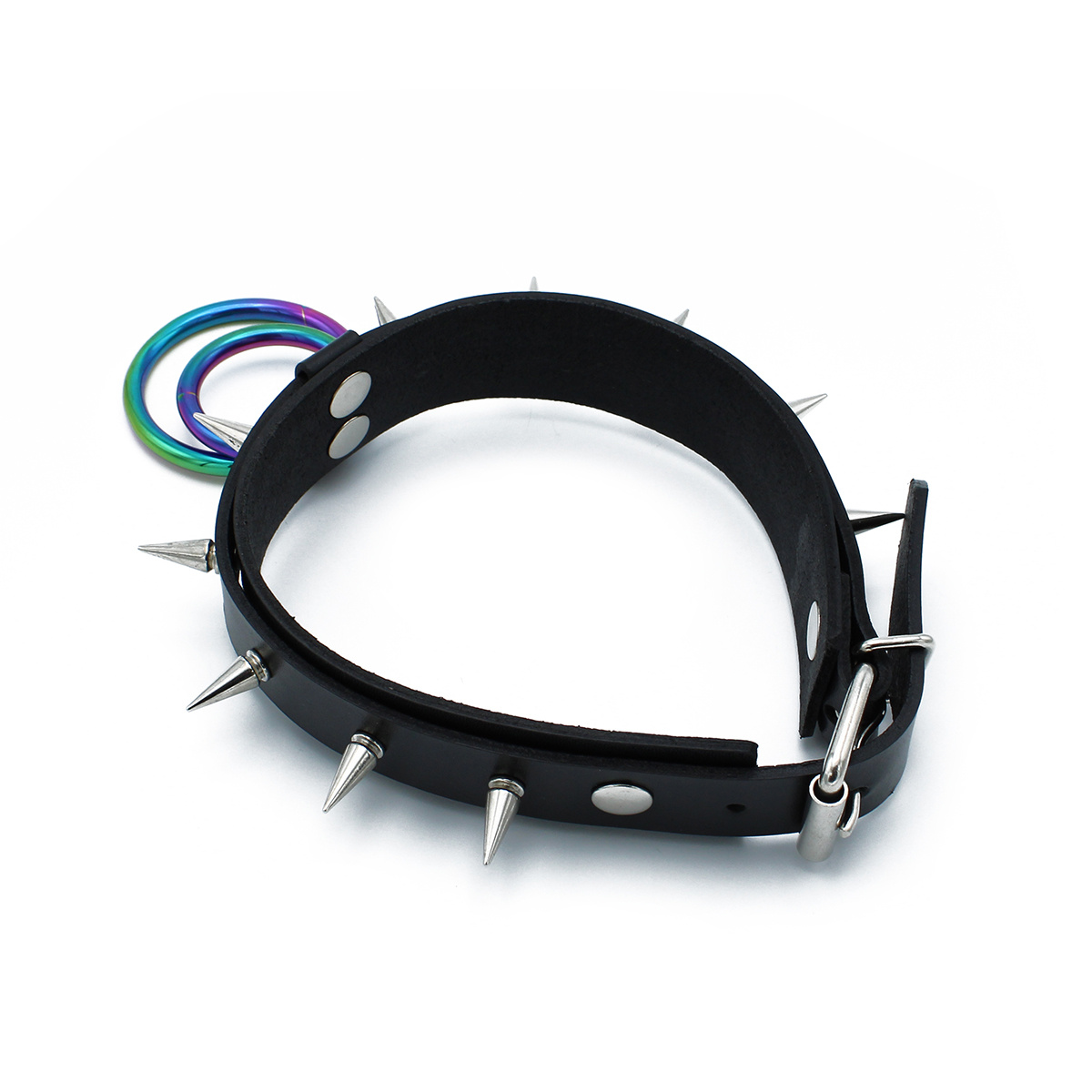 Black Leather Collar with Spikes & Rainbow O-Rings | Kiotos