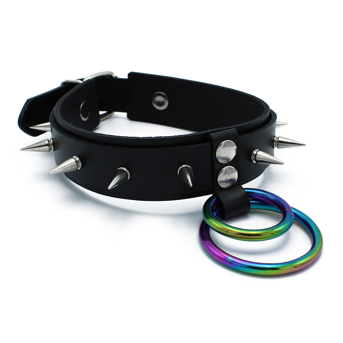 Black Leather Collar with Spikes & Rainbow O-Rings | Kiotos